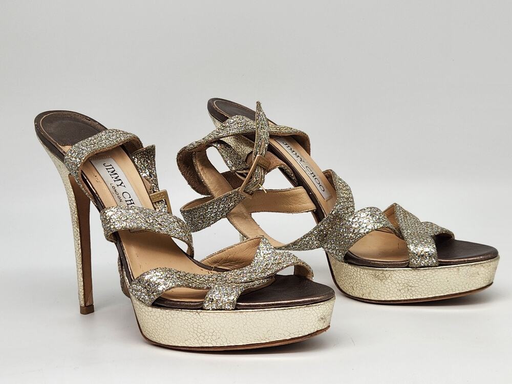 Jimmy Choo Vamp Silver and Gold Open Toe Heels Size EU 38.5